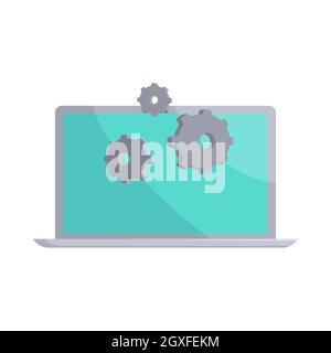 Laptop and gears icon in cartoon style on a white background Stock Photo