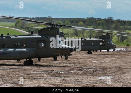 Two RAF Chinook helicopters about to get airborne on Salisbury Plain, Wiltshire, England, UK Stock Photo