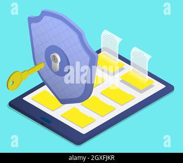 Isometric firewall shield with key protects digital tablet with archive of electronic documents. Key opens access to data on digital device. Realistic Stock Vector