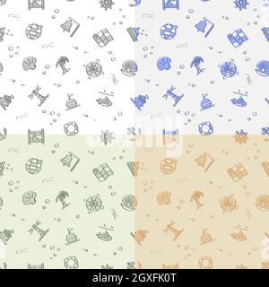 set of seamless patterns with doodle linear icons. Submarine, lifebuoy, buoy on waves, compass, map. Ornament for decoration and printing on fabric. D Stock Vector
