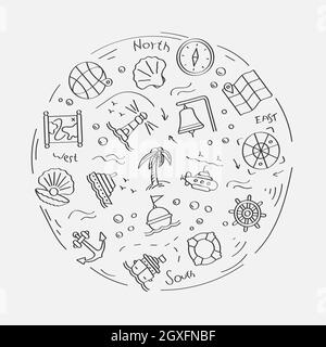 Set of doodle linear icons. Submarine, lifebuoy, buoy on waves, compass, map, shell, boat wheel, lighthouse, ship, anchor. Linear vector set Stock Vector