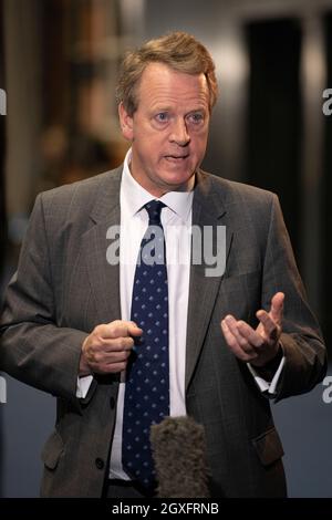 Manchester, England, UK. 5th Oct, 2021. PICTURED: Rt Hon Alister Jack MP - Secretary of State for Scotland seen being interviewed by media group for TV. Scenes during the at the Conservative party Conference #CPC21. Credit: Colin Fisher/Alamy Live News Stock Photo