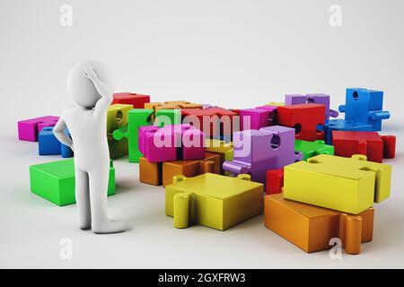 Confused white cartoon man try to build a company. 3D rendering Stock Photo