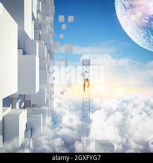 Businessman with a ladder on the sky Stock Photo