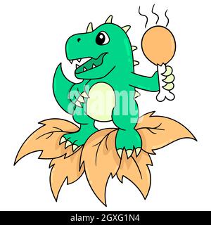 a happy smiling dinosaur holding a fried chicken thigh ready to eat Stock Vector