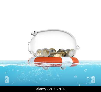 Lifebelt with piggy bank in the sea 3d rendering Stock Photo