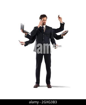 Businessman that to solve problems become multitasking with documents ...