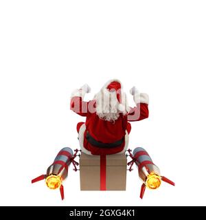 Santa Claus with gift box flies with rockets on space Stock Photo