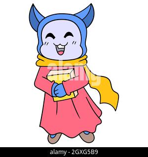 a happy faced muslim female cat carrying the holy book Stock Vector