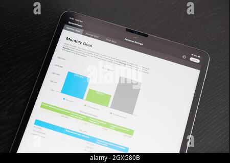 New york, USA - October 5 2021: Personal Savings spreadsheet charts on tablet screen close up view Stock Photo