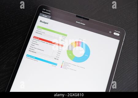 New york, USA - October 5 2021: Budget spreadsheet charts on tablet screen close up view Stock Photo