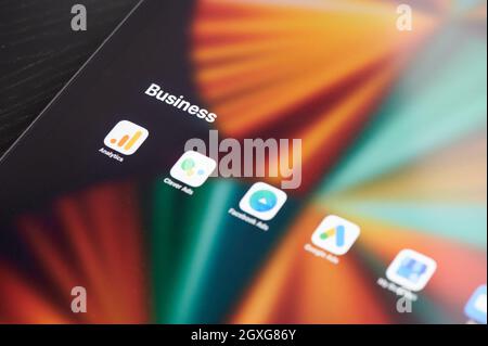 New york, USA - October 5 2021: Set of business apps on tablet screen close up view Stock Photo