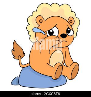 the lion was sitting with thick hair, sad face crying Stock Vector