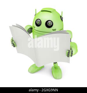 Robot with blank book. Isolated on white Stock Photo