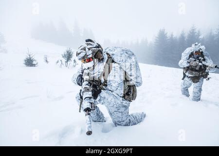 Winter arctic mountains warfare. Action in cold conditions. Pair of special forces weapons in forest somewhere above the Arctic Circle Stock Photo