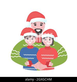 Happy father with kids in Christmas wearing's. Daddy hugs his children festive illustration Stock Vector