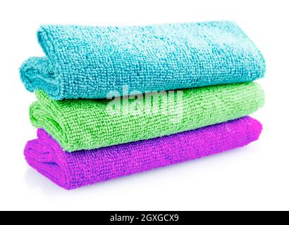 The Stack of color microfiber cloths isolated on white background Stock Photo