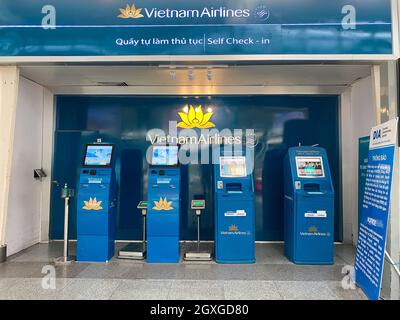 Da Nang, Vietnam - Mar 13, 2020. Ticket vending machine of Vietnam Airlines at Departure Terminal of Da Nang Airport. Stock Photo