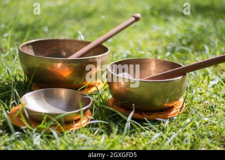 Set of metal singing bowls in the grass of the own garden, zen Stock Photo