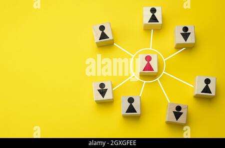 wooden cubes with little men on a yellow background. The concept of the structure of the company with a hierarchical scheme, effective business manage Stock Photo