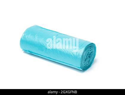 blue plastic trash bags with strings isolated on white background, close up Stock Photo