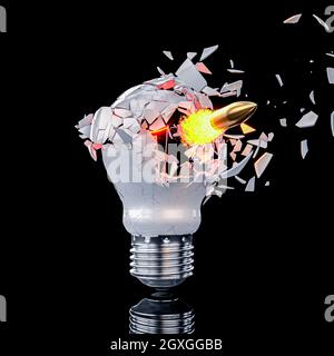 shattering light bulb hit by a bullet. 3d render. Stock Photo