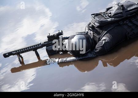 Dead body of special forces operator killed during a special operation Stock Photo