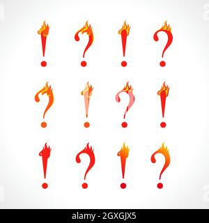 Question mark and eclamation point fire sign. Set of hot asking and answer icons. Help flamy symbol. Vector discussion or support logo concept. Isolat Stock Vector