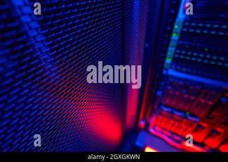 Close up image of server room with different tech equipments and HDD disks Stock Photo