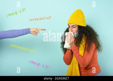 Girl caught a cold and someone give her a mask. Stock Photo