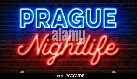 Neon sign on a brick wall - Prague Nightlife Stock Photo