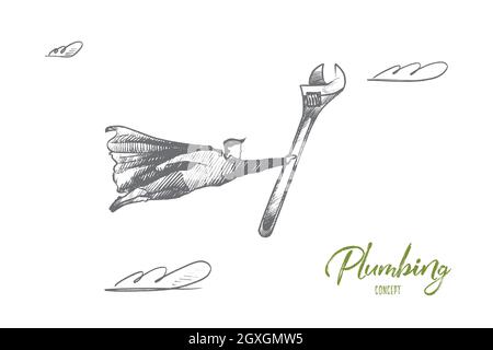 Plumbing concept. Hand drawn superhero with wrench for plumber. Flying man holds plumbing instrument isolated vector illustration. Stock Vector