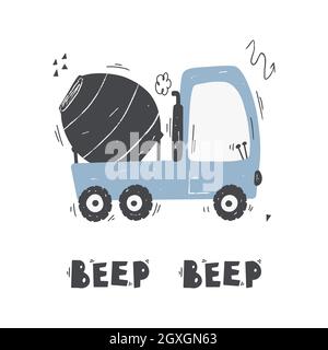 Cute cartoon mixer truck with lettering - beep beep.Vector hand-drawn color children's illustration, poster. Stock Vector