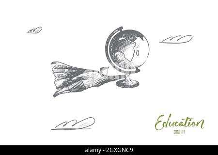 Education concept. Hand drawn superhero with globe in hand. Flying man holds globe Earth as symbol of education isolated vector illustration. Stock Vector