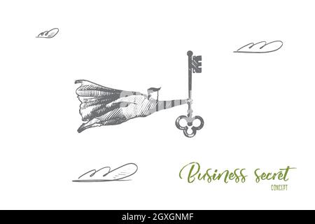 Business secret concept. Hand drawn superhero with giant key as symbol of secret of success. Flying man holds key isolated vector illustration. Stock Vector