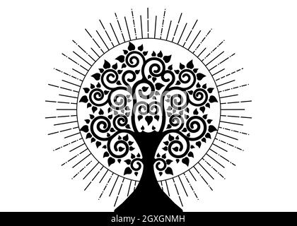 The Bodhi tree logo template, Tree of life concept, Sacred tree, Ficus religiosa, Vesak day silhouette icon, symbol that uses Buddhism, vector isolate Stock Vector