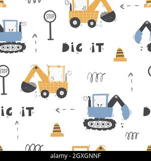 Cute children's seamless pattern with trucks and diggers in Scandinavian style on a white background. Building equipment. Funny construction transport Stock Vector