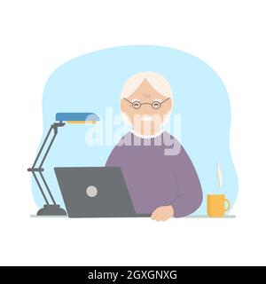 Happy grandma with laptop. Vector hand drawn illustration. Stock Vector