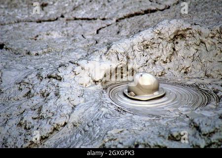 Boiling mud in the volcanic landscape of Whaka Valley, part of the Taupo Volcanic Zone, is a common site.  Mud bubbling from the ground, also known as mud pots or mud pools, take many forms with this one highlighting a mud dome bubbling from below. Stock Photo