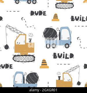 Cute children's seamless pattern with trucks and diggers in Scandinavian style on a white background. Building equipment. Funny construction transport Stock Vector