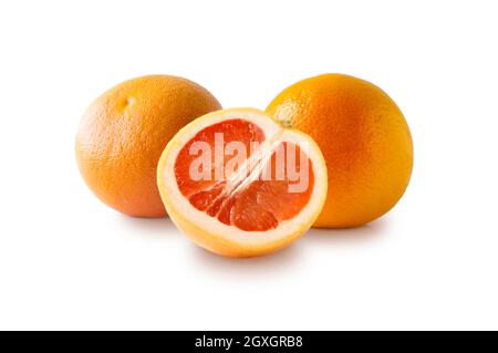 Citrus fruit isolate. Ripe and tasty grapefruits isolated on white background. Fresh cut grapefruit with copy space for text. grapefruit slices white Stock Photo