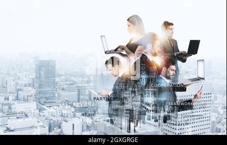 Abtract futuristic composition of team of people at work. concept of teamwork and partnership. Most important business terms in overlay Stock Photo