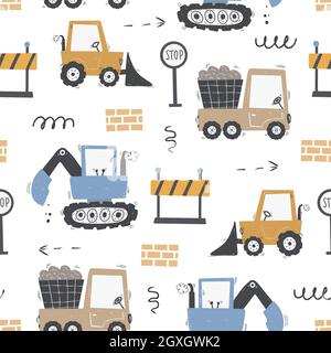 Cute children's seamless pattern with trucks and diggers in Scandinavian style on a white background. Building equipment. Funny construction transport Stock Vector