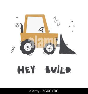 Cute cartoon mixer truck with lettering - beep beep.Vector hand-drawn color children's illustration, poster. Stock Vector