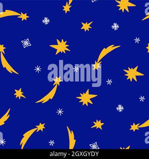 Shooting star and snowflakes simple doodle linear hand drawn minimalist repeat vector pattern, winter holidays Merry Christmas elements for seasons greetings, invitations, textile Stock Vector