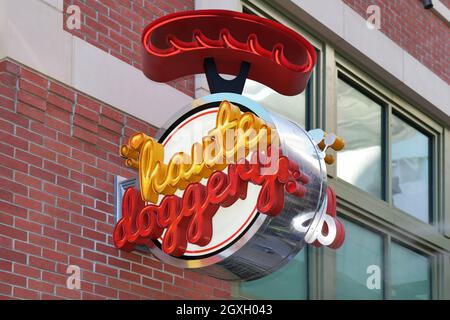Nevada USA, 09-05-21 This is the illuminated sign for the Haute Doggery hot dog stand located on The Linq Promenade in Las Vegas. Stock Photo