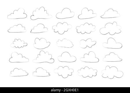 cloud set in hand drawn doodle sketch style, simple outline clouds Stock Vector