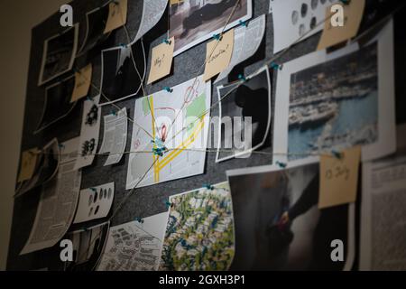 Police Investigation Board And Crime Victim Information Stock Photo