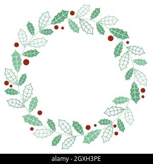 Circular Christmas wreath made of holly and red berries. Traditional round frame for congratulations or invitations to the New Year holidays. Template Stock Vector