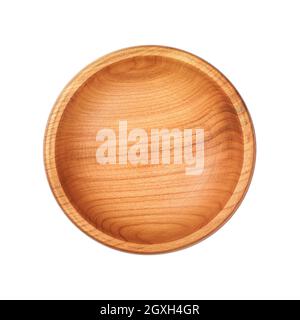Close up of one small empty round shaped brown cherry wood rustic bowl isolated on white background Stock Photo